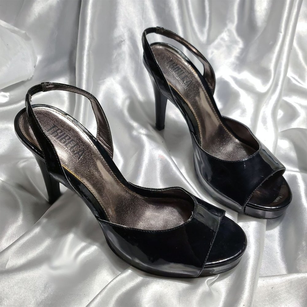 NEW TRIBECA black patent sling pack platform high heel sandals SZ 9